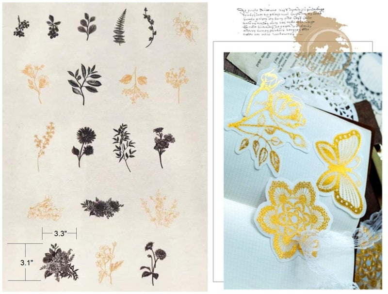 DESEACO Vintage Zen Botany Flower Washi Sticker Pack, Artsy Natural Black-and-White Plants with Golden Sketch Decals Collection, Wild Plants Gray and Gold Set â€“ 120 Pcs - Image 3